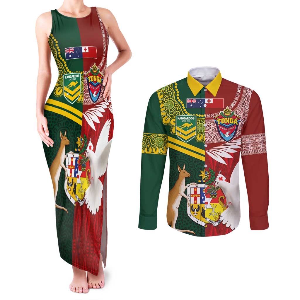 Custom Mate Ma'a Tonga and Australia Kangaroo Couples Matching Tank Maxi Dress and Long Sleeve Button Shirt Nation Seal with Mascot Aboriginal and Tongan Kupesi Ngatu Art LT03 Red - Polynesian Pride
