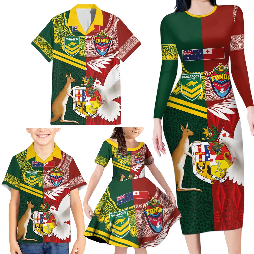 Custom Mate Ma'a Tonga and Australia Kangaroo Family Matching Long Sleeve Bodycon Dress and Hawaiian Shirt Nation Seal with Mascot Aboriginal and Tongan Kupesi Ngatu Art LT03 - Polynesian Pride
