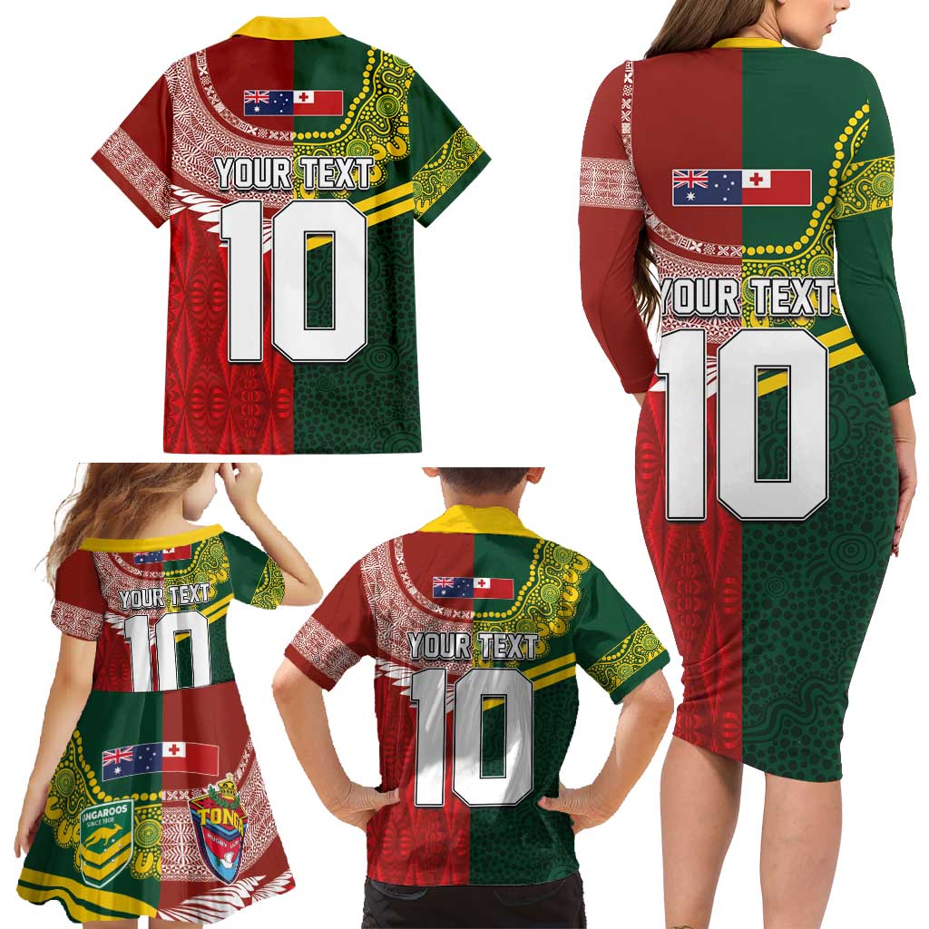 Custom Mate Ma'a Tonga and Australia Kangaroo Family Matching Long Sleeve Bodycon Dress and Hawaiian Shirt Nation Seal with Mascot Aboriginal and Tongan Kupesi Ngatu Art LT03 - Polynesian Pride