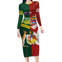 Custom Mate Ma'a Tonga and Australia Kangaroo Family Matching Long Sleeve Bodycon Dress and Hawaiian Shirt Nation Seal with Mascot Aboriginal and Tongan Kupesi Ngatu Art LT03 Mom's Dress Red - Polynesian Pride