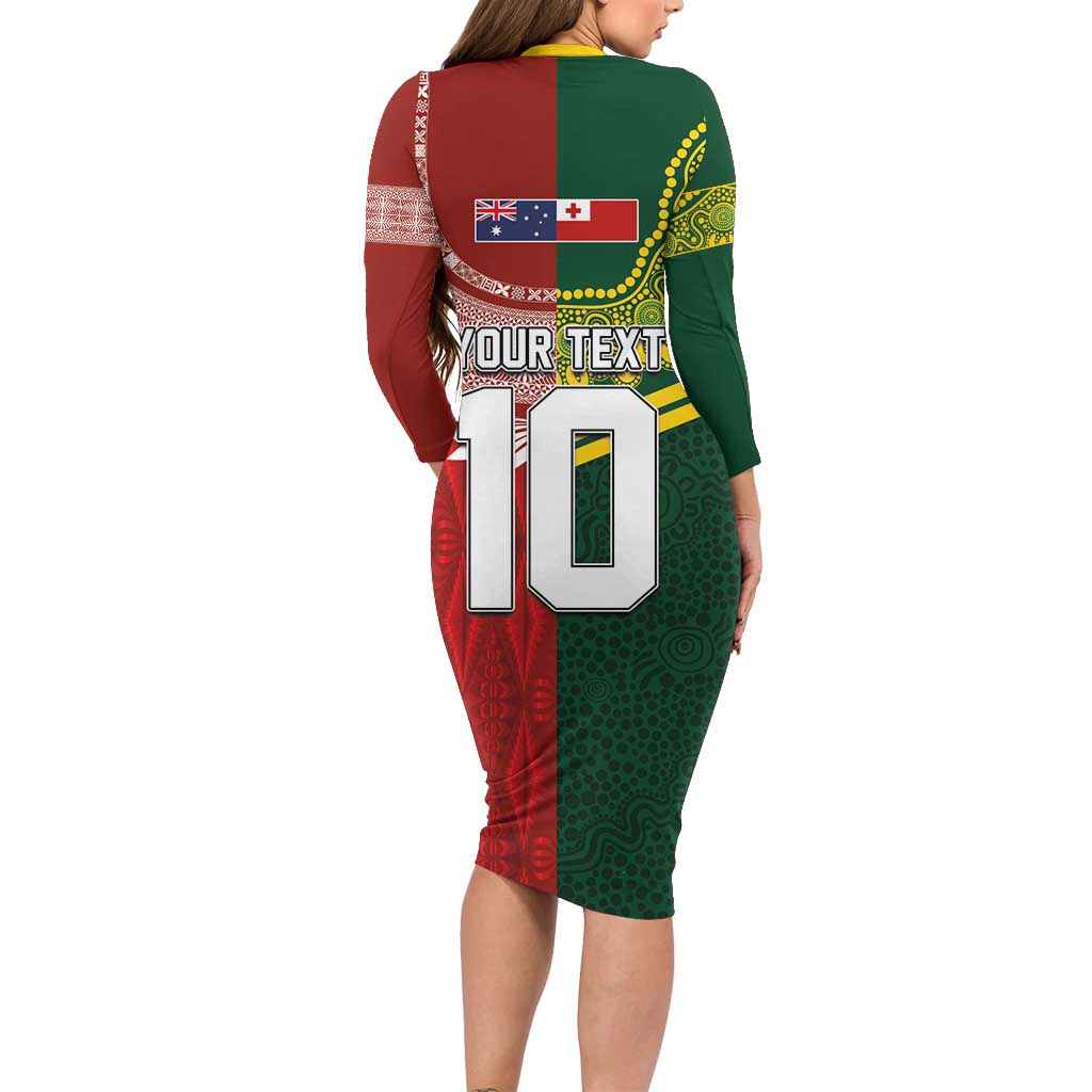Custom Mate Ma'a Tonga and Australia Kangaroo Family Matching Long Sleeve Bodycon Dress and Hawaiian Shirt Nation Seal with Mascot Aboriginal and Tongan Kupesi Ngatu Art LT03 - Polynesian Pride
