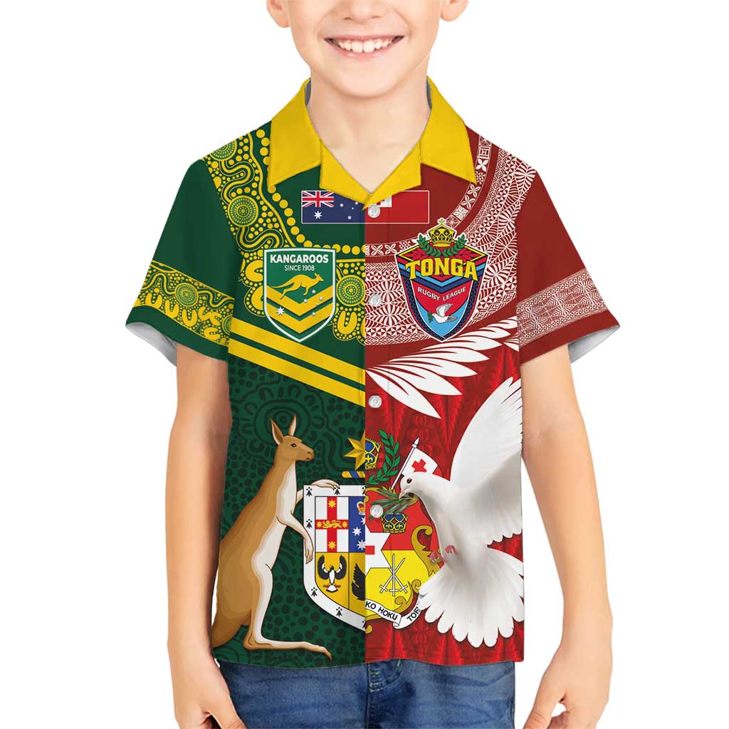 Custom Mate Ma'a Tonga and Australia Kangaroo Family Matching Long Sleeve Bodycon Dress and Hawaiian Shirt Nation Seal with Mascot Aboriginal and Tongan Kupesi Ngatu Art LT03 Son's Shirt Red - Polynesian Pride