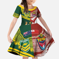 Custom Mate Ma'a Tonga and Australia Kangaroo Family Matching Mermaid Dress and Hawaiian Shirt Nation Seal with Mascot Aboriginal and Tongan Kupesi Ngatu Art LT03 Daughter's Dress Red - Polynesian Pride