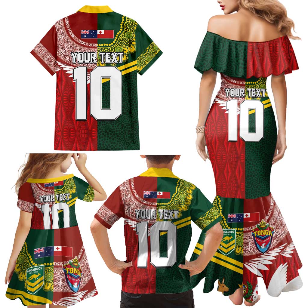 Custom Mate Ma'a Tonga and Australia Kangaroo Family Matching Mermaid Dress and Hawaiian Shirt Nation Seal with Mascot Aboriginal and Tongan Kupesi Ngatu Art LT03 - Polynesian Pride