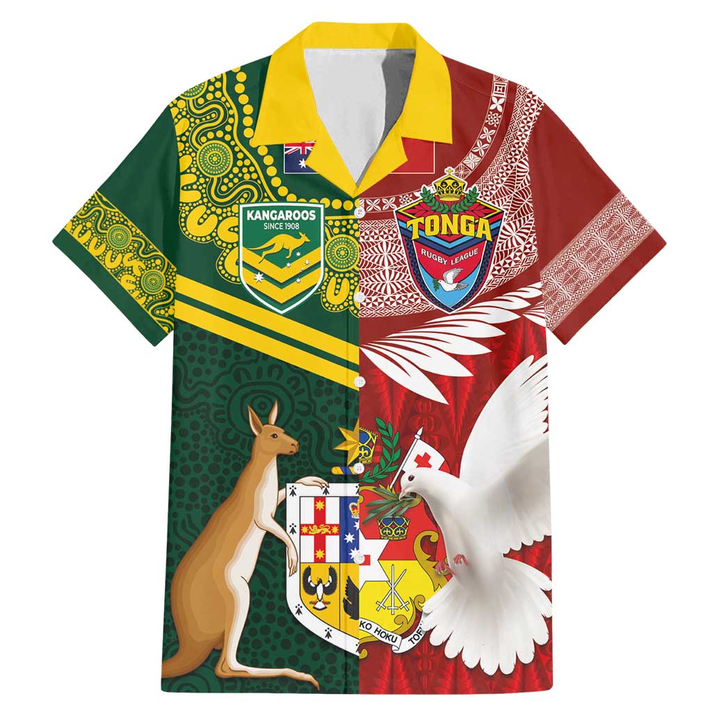 Custom Mate Ma'a Tonga and Australia Kangaroo Family Matching Mermaid Dress and Hawaiian Shirt Nation Seal with Mascot Aboriginal and Tongan Kupesi Ngatu Art LT03 Dad's Shirt - Short Sleeve Red - Polynesian Pride
