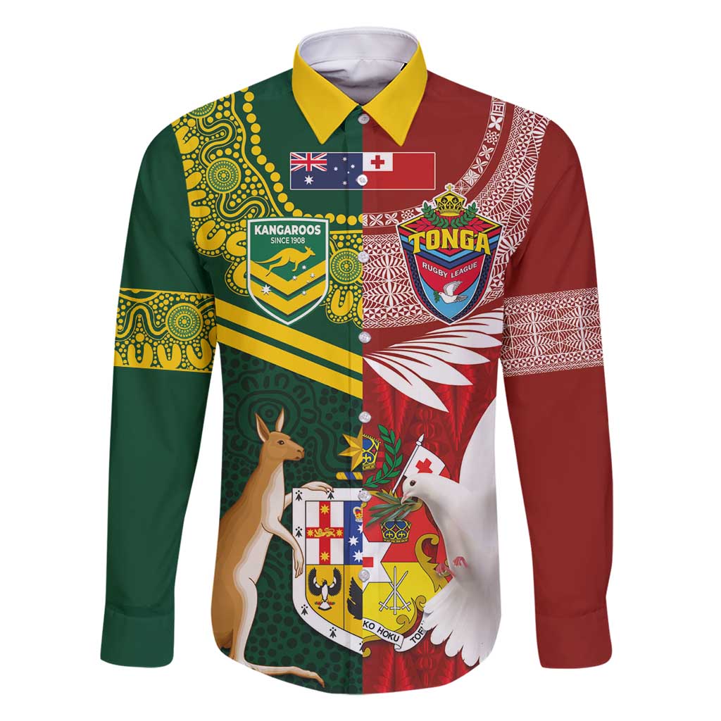 Custom Mate Ma'a Tonga and Australia Kangaroo Family Matching Mermaid Dress and Hawaiian Shirt Nation Seal with Mascot Aboriginal and Tongan Kupesi Ngatu Art LT03 Dad's Shirt - Long Sleeve Red - Polynesian Pride