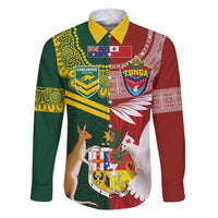 Custom Mate Ma'a Tonga and Australia Kangaroo Family Matching Mermaid Dress and Hawaiian Shirt Nation Seal with Mascot Aboriginal and Tongan Kupesi Ngatu Art LT03 Dad's Shirt - Long Sleeve Red - Polynesian Pride