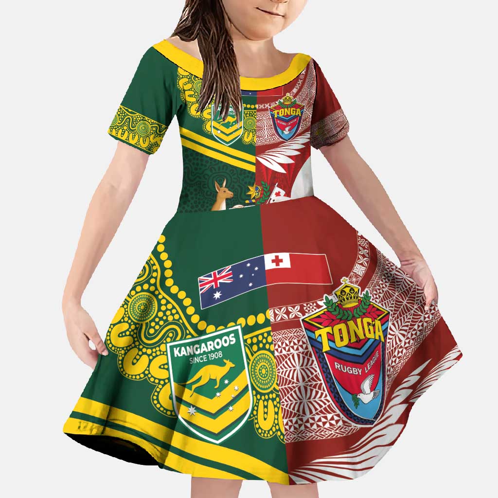 Custom Mate Ma'a Tonga and Australia Kangaroo Family Matching Short Sleeve Bodycon Dress and Hawaiian Shirt Nation Seal with Mascot Aboriginal and Tongan Kupesi Ngatu Art LT03 Daughter's Dress Red - Polynesian Pride