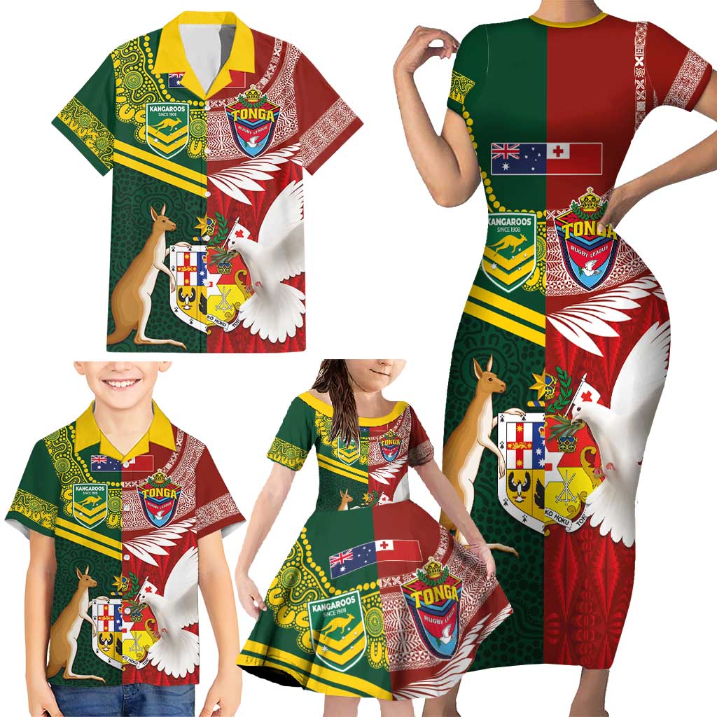 Custom Mate Ma'a Tonga and Australia Kangaroo Family Matching Short Sleeve Bodycon Dress and Hawaiian Shirt Nation Seal with Mascot Aboriginal and Tongan Kupesi Ngatu Art LT03 - Polynesian Pride