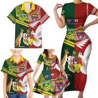 Custom Mate Ma'a Tonga and Australia Kangaroo Family Matching Short Sleeve Bodycon Dress and Hawaiian Shirt Nation Seal with Mascot Aboriginal and Tongan Kupesi Ngatu Art LT03 - Polynesian Pride