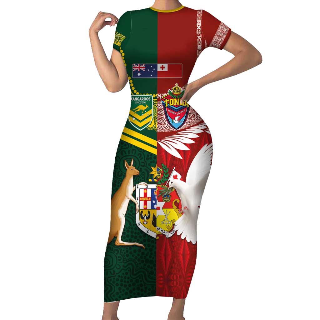 Custom Mate Ma'a Tonga and Australia Kangaroo Family Matching Short Sleeve Bodycon Dress and Hawaiian Shirt Nation Seal with Mascot Aboriginal and Tongan Kupesi Ngatu Art LT03 Mom's Dress Red - Polynesian Pride