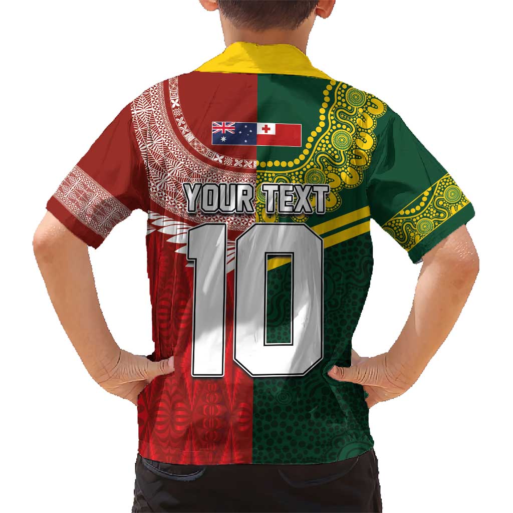 Custom Mate Ma'a Tonga and Australia Kangaroo Kid Hawaiian Shirt Nation Seal with Mascot Aboriginal and Tongan Kupesi Ngatu Art