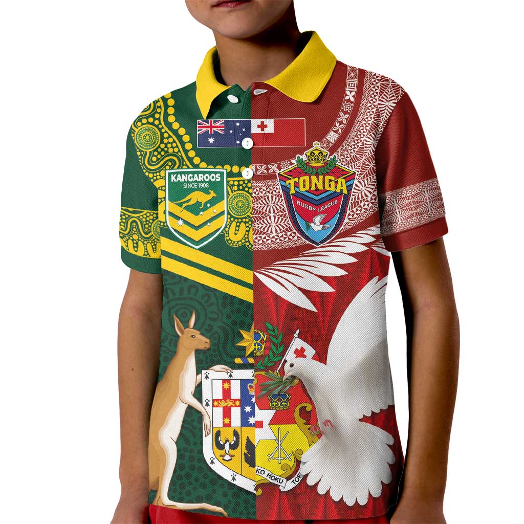 Mate Ma'a Tonga and Australia Kangaroo Kid Polo Shirt - Nation Seal Kupesi Ngatu Aboriginal Art LT03 Kid Red - Polynesian Pride
