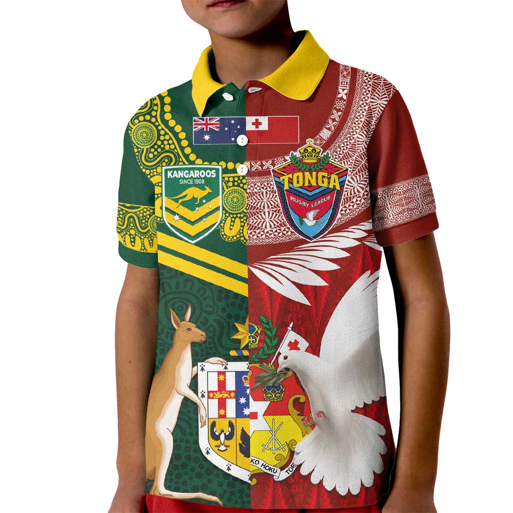 Custom Mate Ma'a Tonga and Australia Kangaroo Kid Polo Shirt Nation Seal with Mascot Aboriginal and Tongan Kupesi Ngatu Art