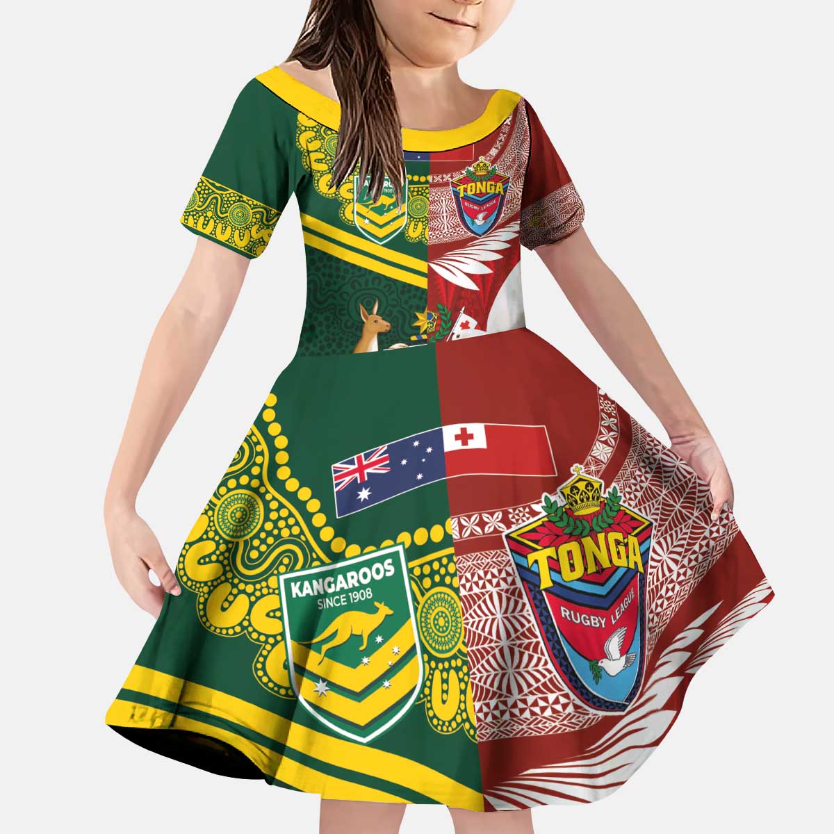 Custom Mate Ma'a Tonga and Australia Kangaroo Kid Short Sleeve Dress Nation Seal with Mascot Aboriginal and Tongan Kupesi Ngatu Art LT03 KID Red - Polynesian Pride