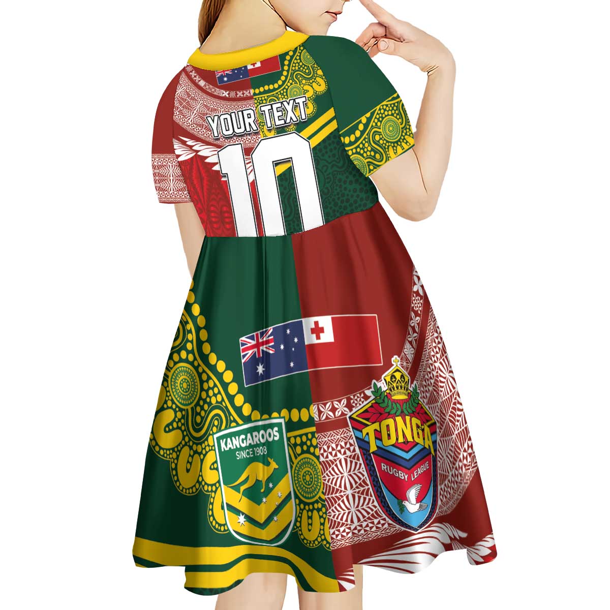 Custom Mate Ma'a Tonga and Australia Kangaroo Kid Short Sleeve Dress Nation Seal with Mascot Aboriginal and Tongan Kupesi Ngatu Art LT03 - Polynesian Pride