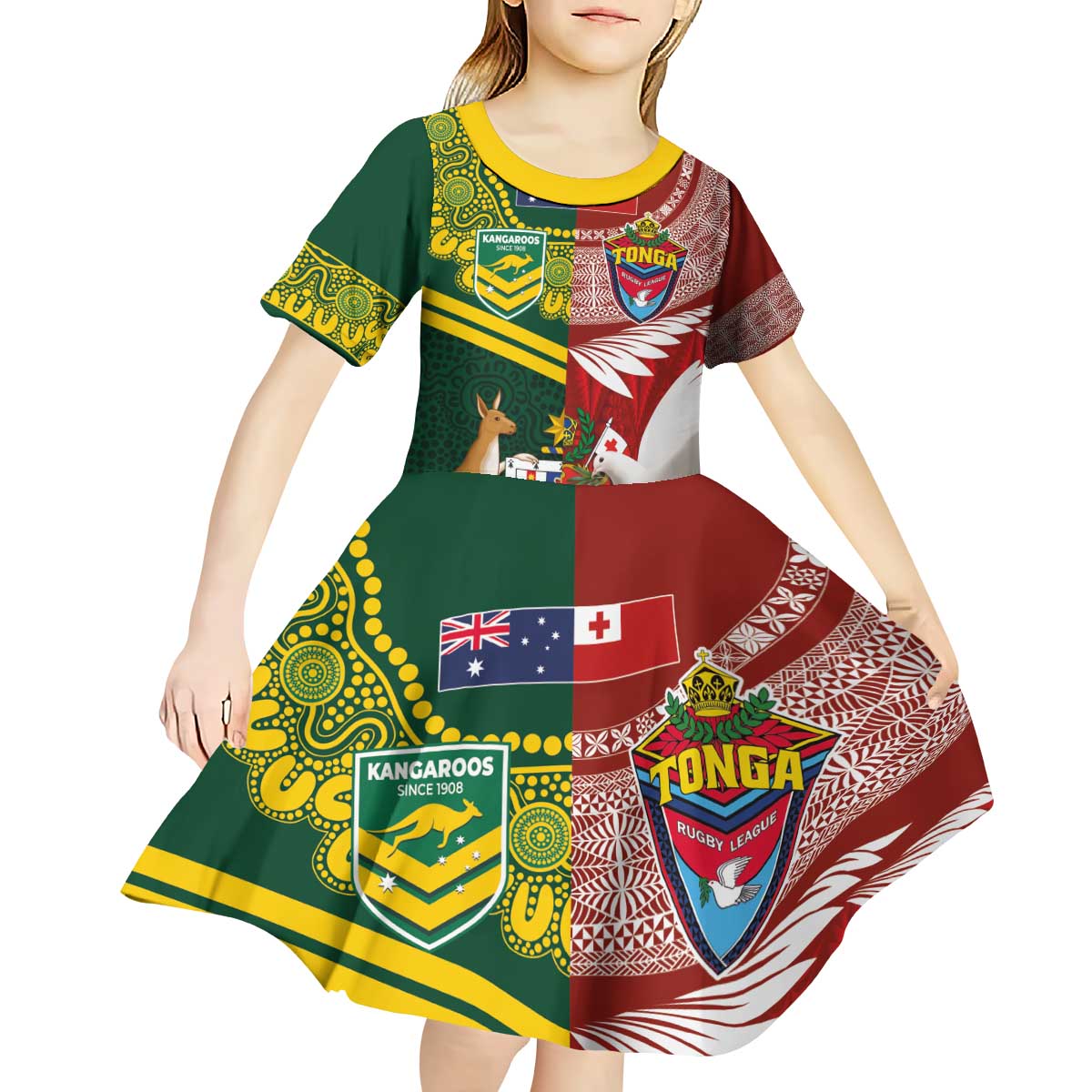 Custom Mate Ma'a Tonga and Australia Kangaroo Kid Short Sleeve Dress Nation Seal with Mascot Aboriginal and Tongan Kupesi Ngatu Art LT03 - Polynesian Pride