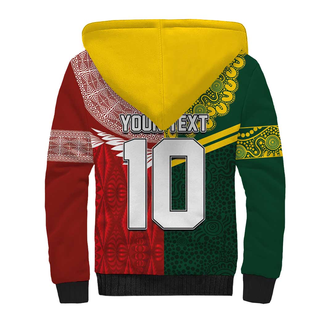 Custom Mate Ma'a Tonga and Australia Kangaroo Sherpa Hoodie Nation Seal with Mascot Aboriginal and Tongan Kupesi Ngatu Art LT03 - Polynesian Pride