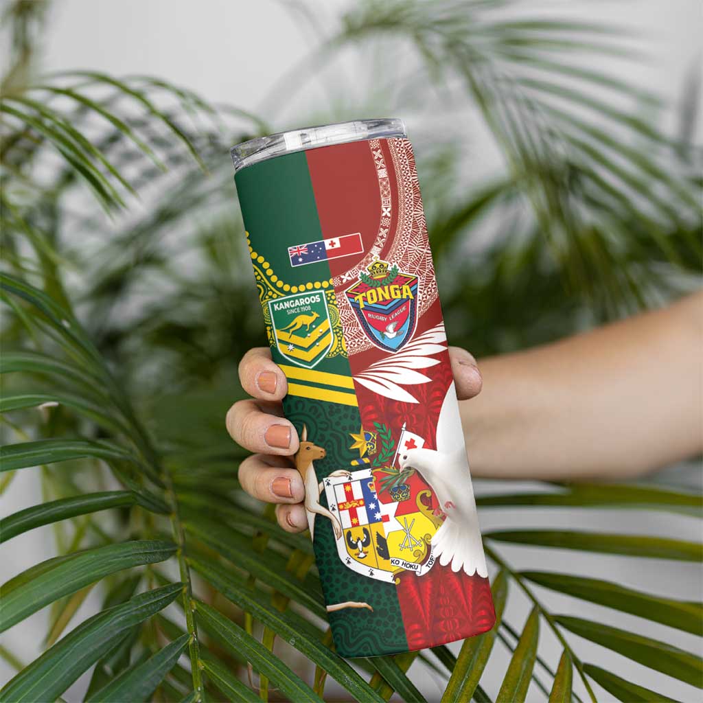 Custom Mate Ma'a Tonga and Australia Kangaroo Skinny Tumbler Nation Seal with Mascot Aboriginal and Tongan Kupesi Ngatu Art LT03 - Polynesian Pride