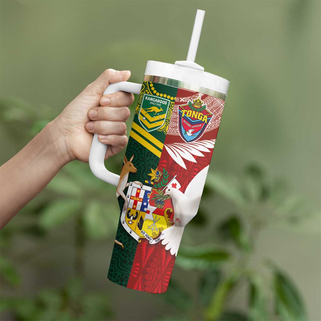 Custom Mate Ma'a Tonga and Australia Kangaroo Tumbler With Handle Nation Seal with Mascot Aboriginal and Tongan Kupesi Ngatu Art