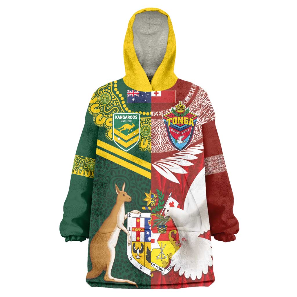 Custom Mate Ma'a Tonga and Australia Kangaroo Wearable Blanket Hoodie Nation Seal with Mascot Aboriginal and Tongan Kupesi Ngatu Art