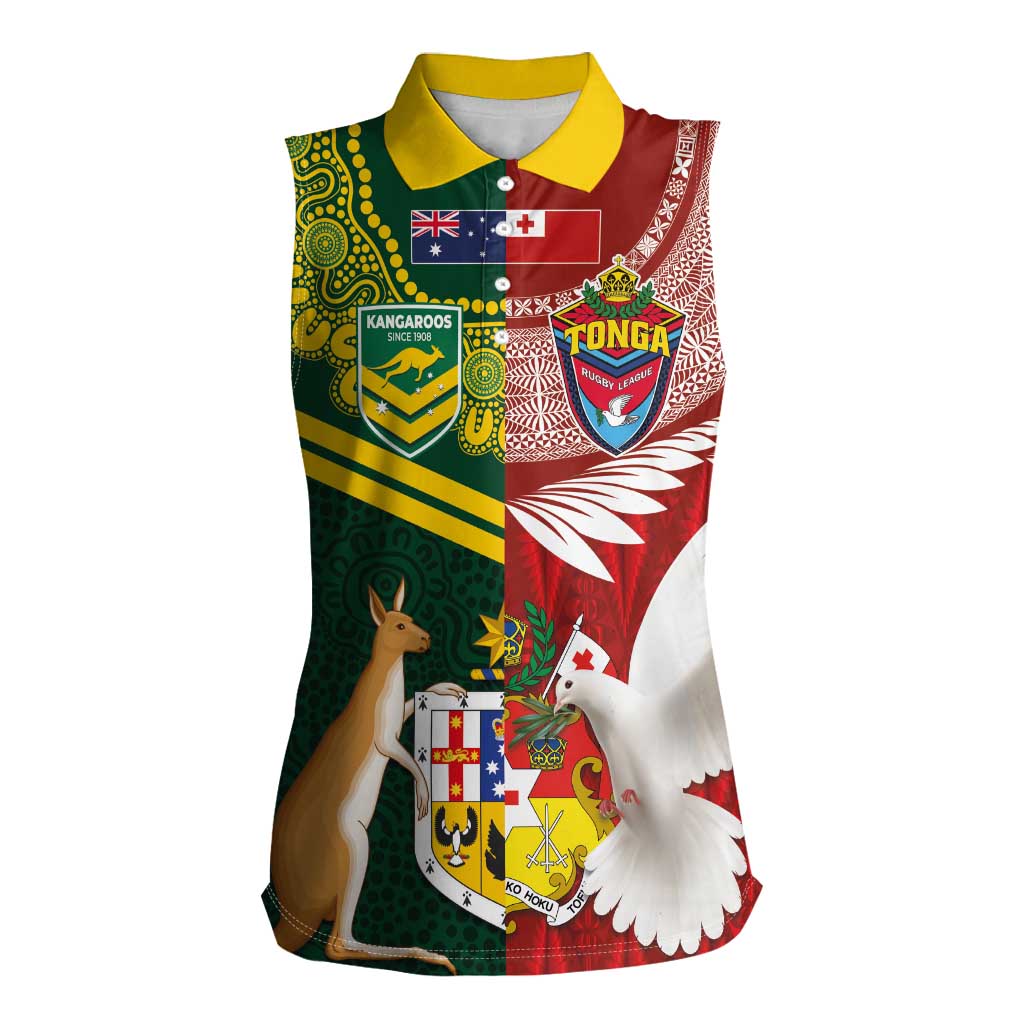 Custom Mate Ma'a Tonga and Australia Kangaroo Women Sleeveless Polo Shirt Nation Seal with Mascot Aboriginal and Tongan Kupesi Ngatu Art