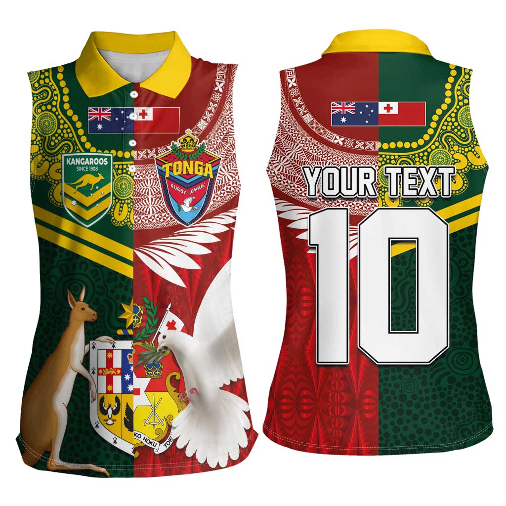 Custom Mate Ma'a Tonga and Australia Kangaroo Women Sleeveless Polo Shirt Nation Seal with Mascot Aboriginal and Tongan Kupesi Ngatu Art LT03 - Polynesian Pride