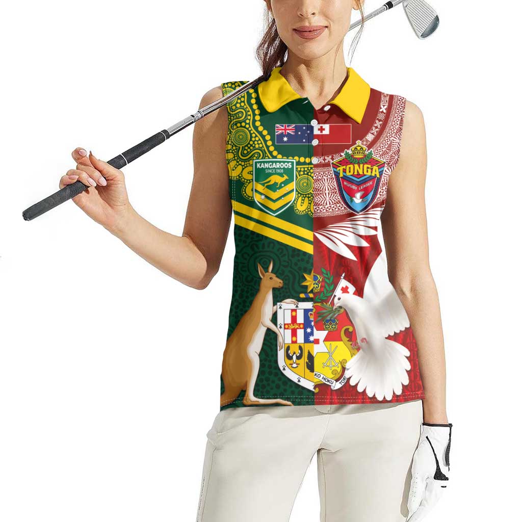 Custom Mate Ma'a Tonga and Australia Kangaroo Women Sleeveless Polo Shirt Nation Seal with Mascot Aboriginal and Tongan Kupesi Ngatu Art LT03 - Polynesian Pride