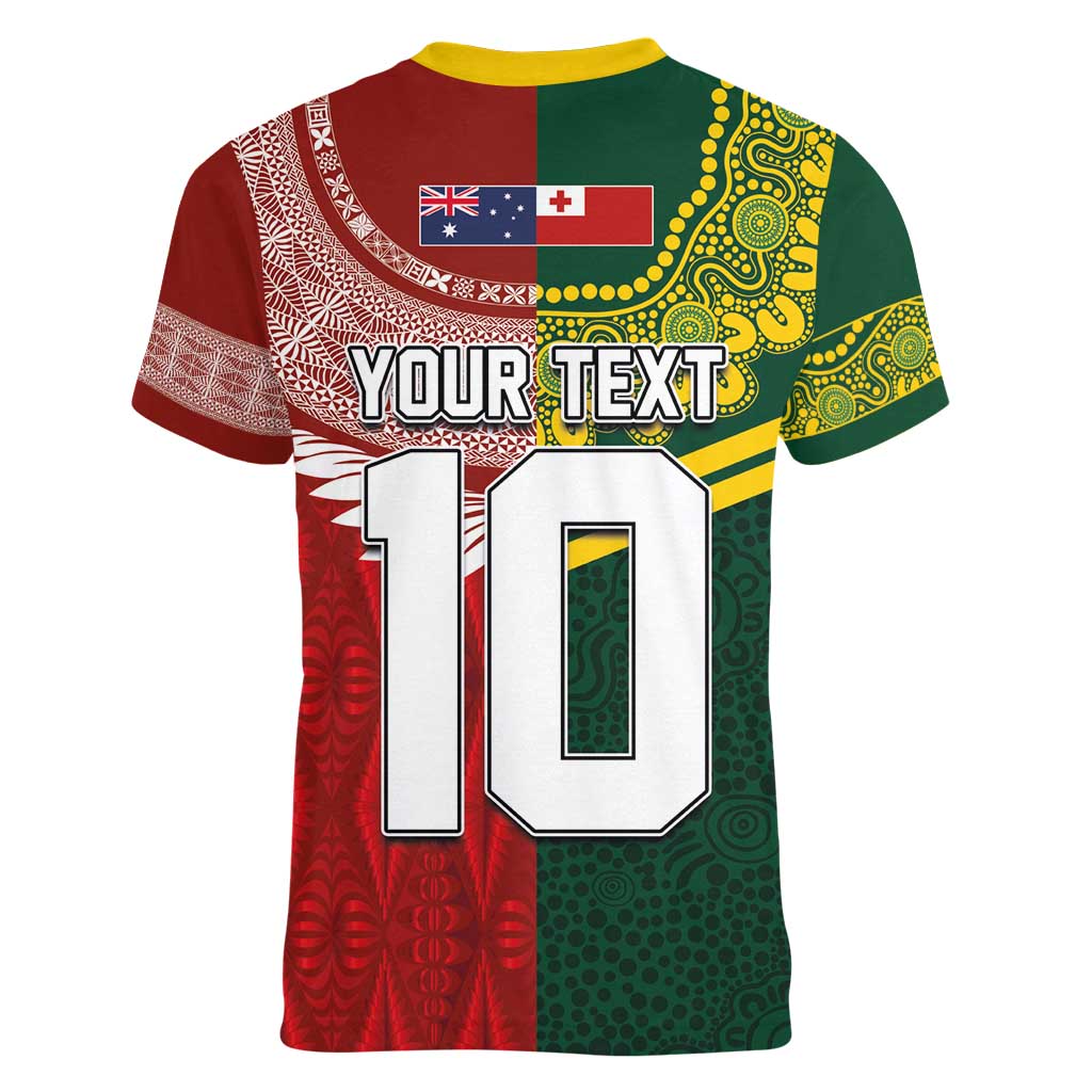 Custom Mate Ma'a Tonga and Australia Kangaroo Women V-Neck T-Shirt Nation Seal with Mascot Aboriginal and Tongan Kupesi Ngatu Art