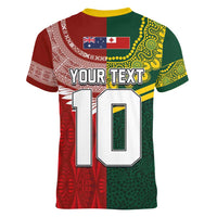 Custom Mate Ma'a Tonga and Australia Kangaroo Women V-Neck T-Shirt Nation Seal with Mascot Aboriginal and Tongan Kupesi Ngatu Art