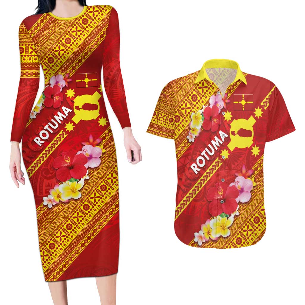Rotuma Island Couples Matching Long Sleeve Bodycon Dress and Hawaiian Shirt Fijian Tapa with Polynesian Art and Hibiscus