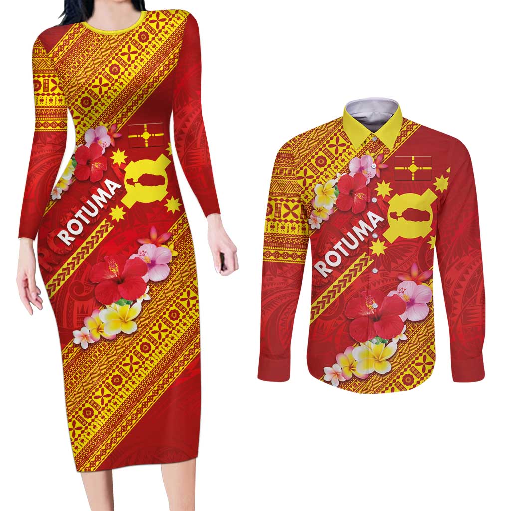 Rotuma Island Couples Matching Long Sleeve Bodycon Dress and Long Sleeve Button Shirt Fijian Tapa with Polynesian Art and Hibiscus