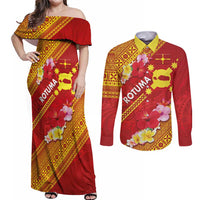 Rotuma Island Couples Matching Off Shoulder Maxi Dress and Long Sleeve Button Shirt Fijian Tapa with Polynesian Art and Hibiscus