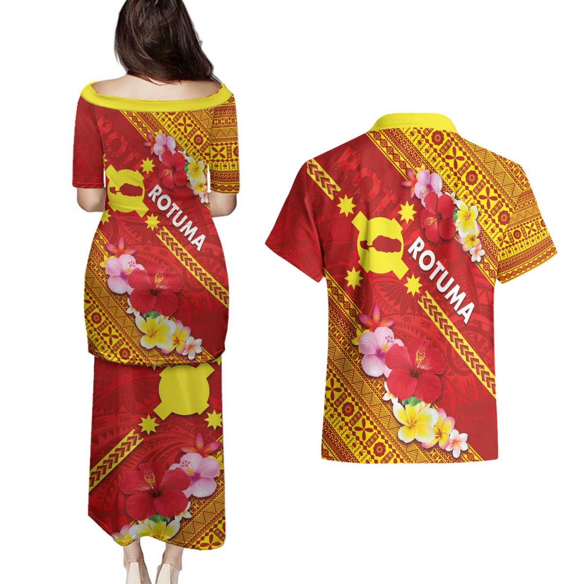 Rotuma Island Couples Matching Puletasi and Hawaiian Shirt Fijian Tapa with Polynesian Art and Hibiscus