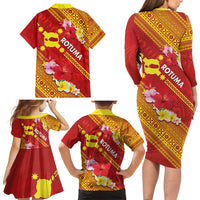 Rotuma Island Family Matching Long Sleeve Bodycon Dress and Hawaiian Shirt Fijian Tapa with Polynesian Art and Hibiscus