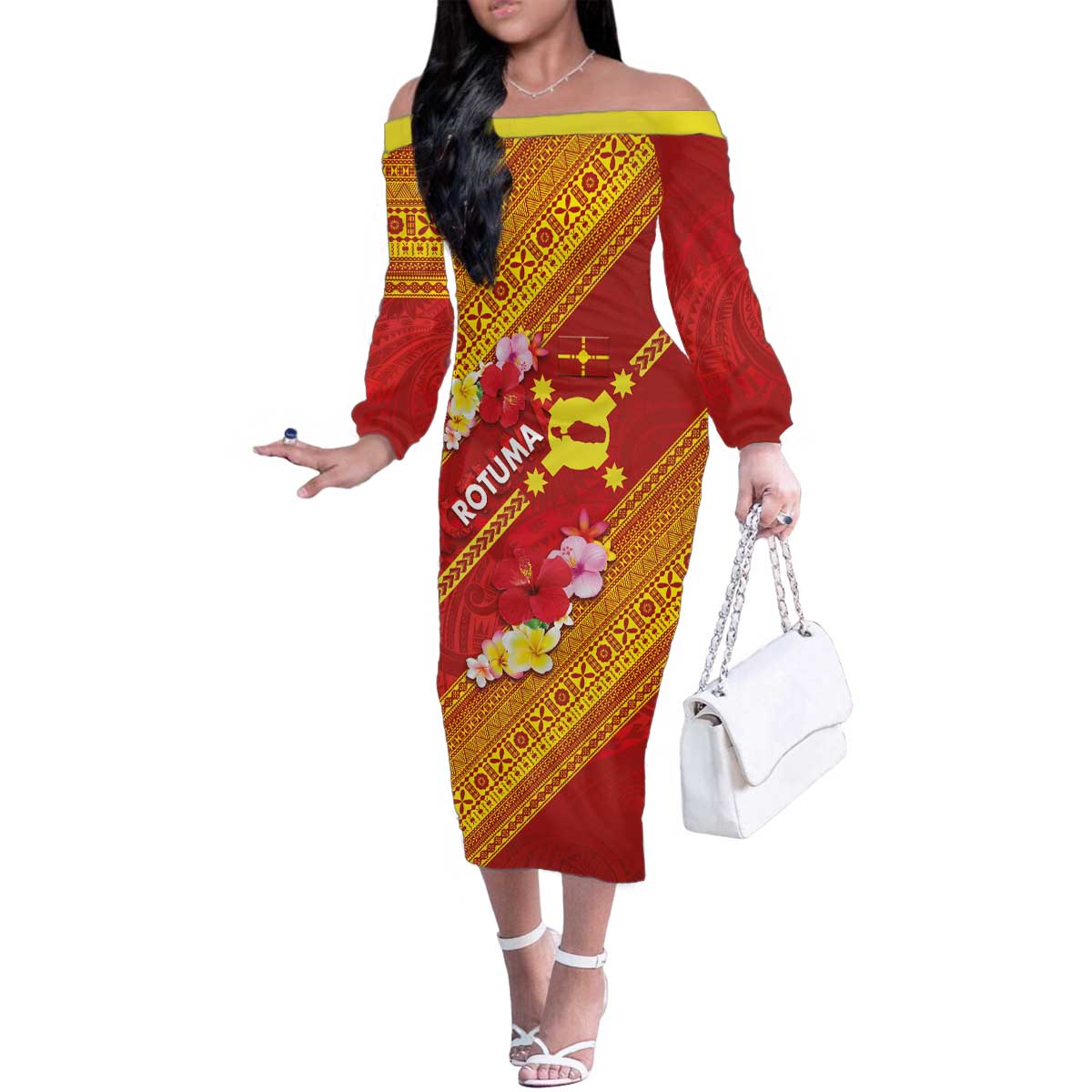 Rotuma Island Family Matching Off The Shoulder Long Sleeve Dress and Hawaiian Shirt Fijian Tapa with Polynesian Art and Hibiscus