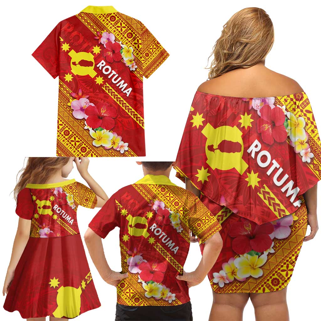 Rotuma Island Family Matching Off Shoulder Short Dress and Hawaiian Shirt Fijian Tapa with Polynesian Art and Hibiscus