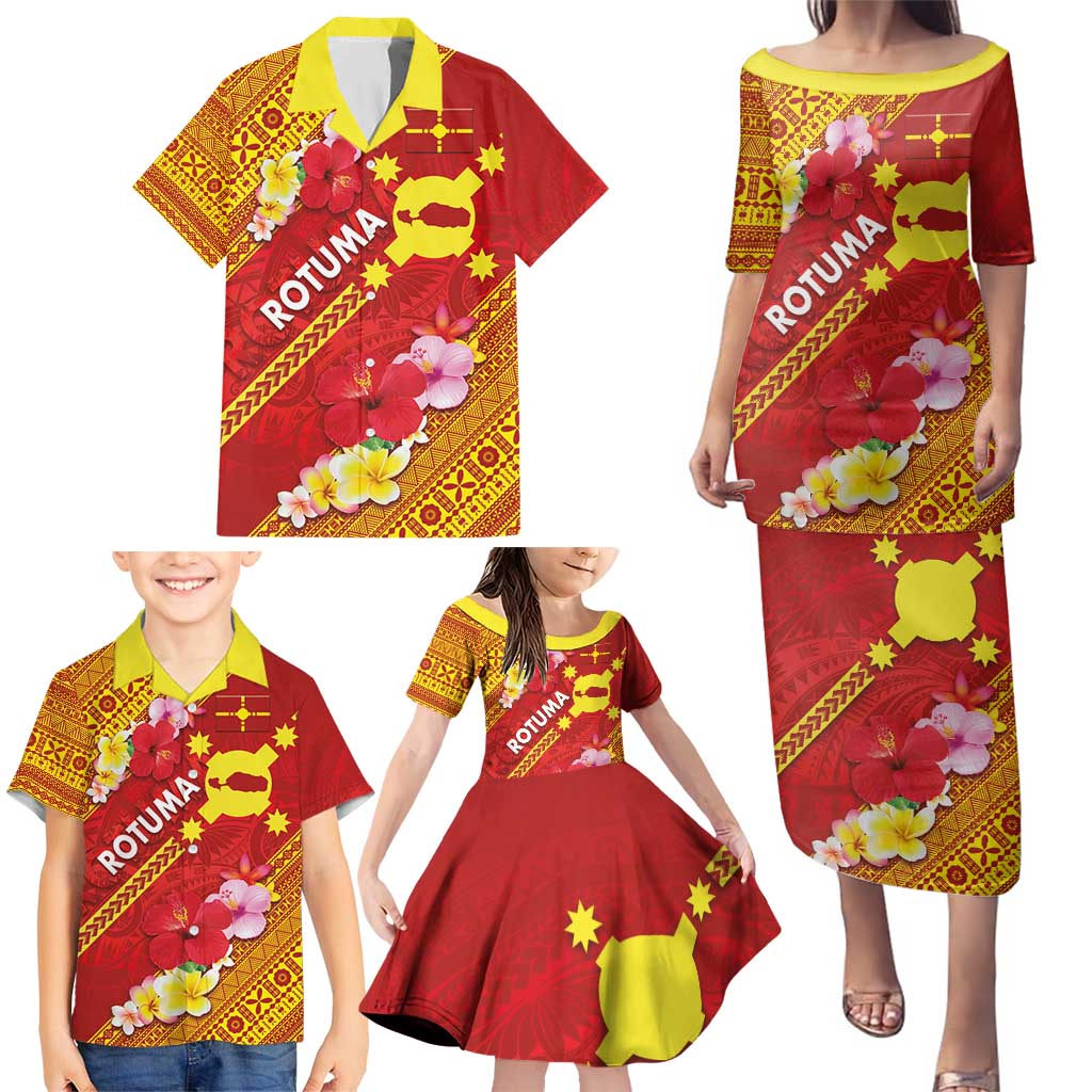 Rotuma Island Family Matching Puletasi and Hawaiian Shirt Fijian Tapa with Polynesian Art and Hibiscus
