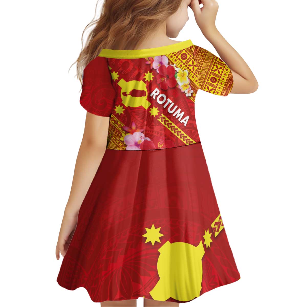 Rotuma Island Kid Short Sleeve Dress Fijian Tapa with Polynesian Art and Hibiscus