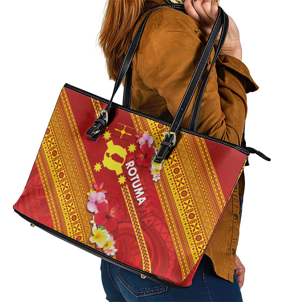 Rotuma Island Leather Tote Bag Fijian Tapa with Polynesian Art and Hibiscus
