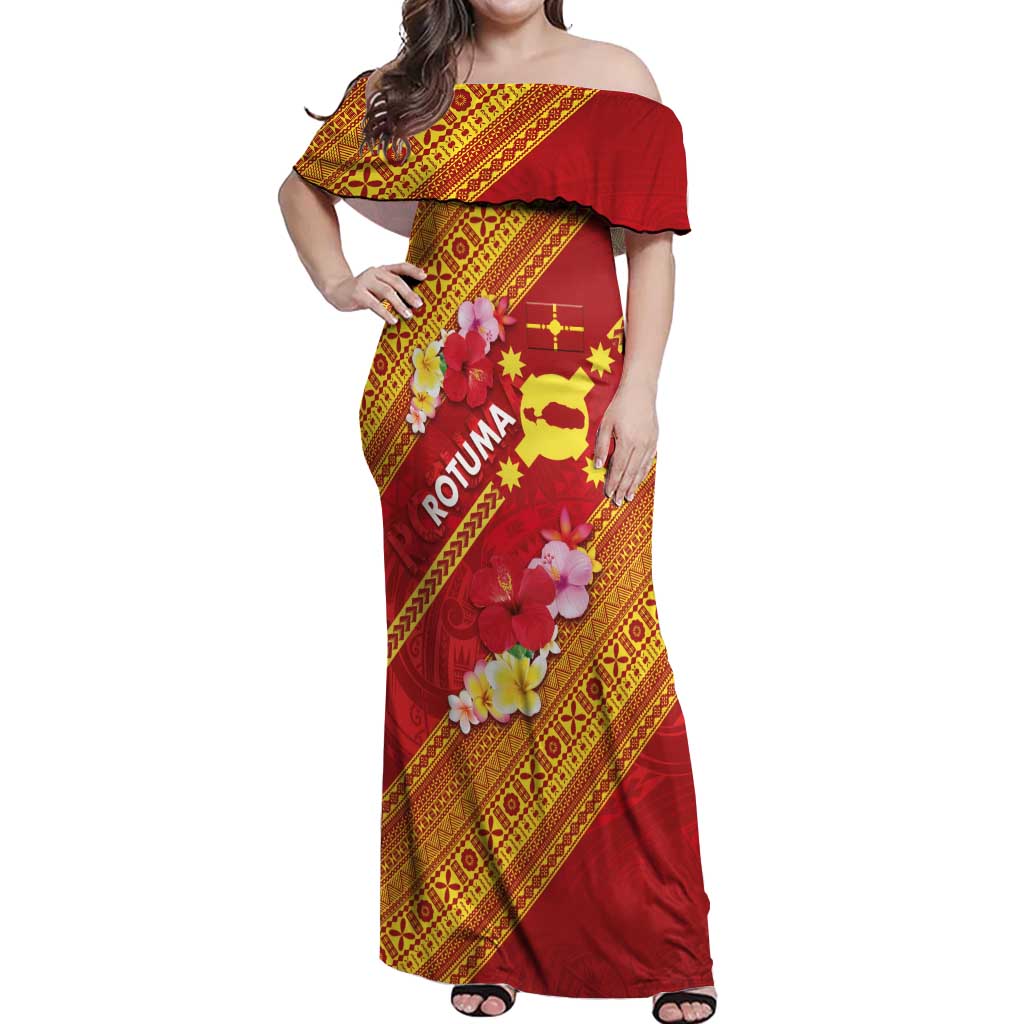 Rotuma Island Off Shoulder Maxi Dress Fijian Tapa with Polynesian Art and Hibiscus