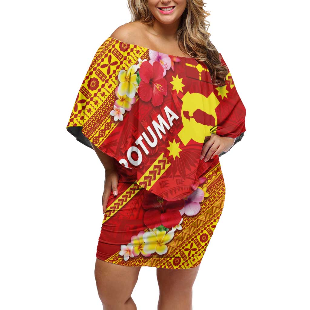 Rotuma Island Off Shoulder Short Dress Fijian Tapa with Polynesian Art and Hibiscus