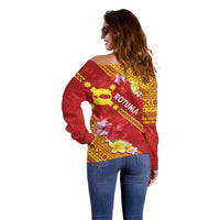 Rotuma Island Off Shoulder Sweater Fijian Tapa with Polynesian Art and Hibiscus