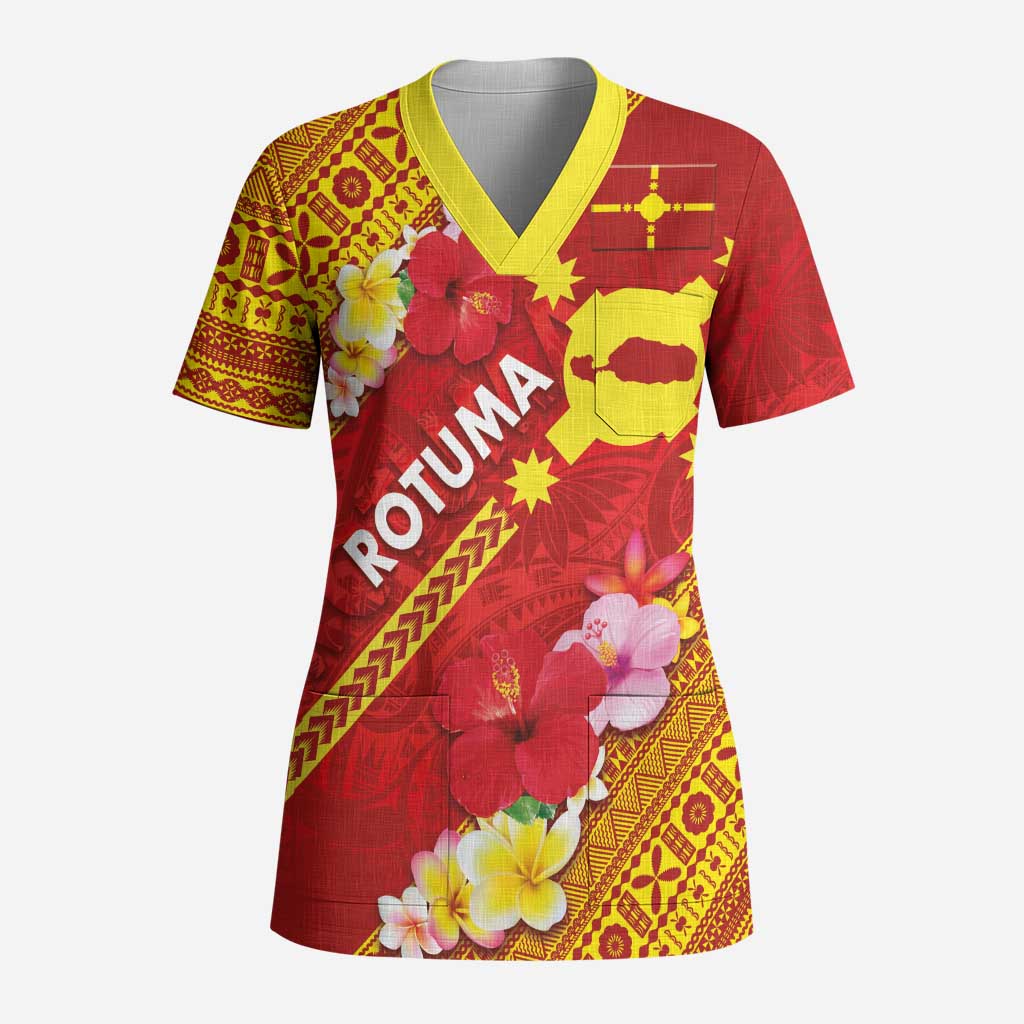 Rotuma Island Scrub Top Fijian Tapa with Polynesian Art and Hibiscus - Polynesian Pride