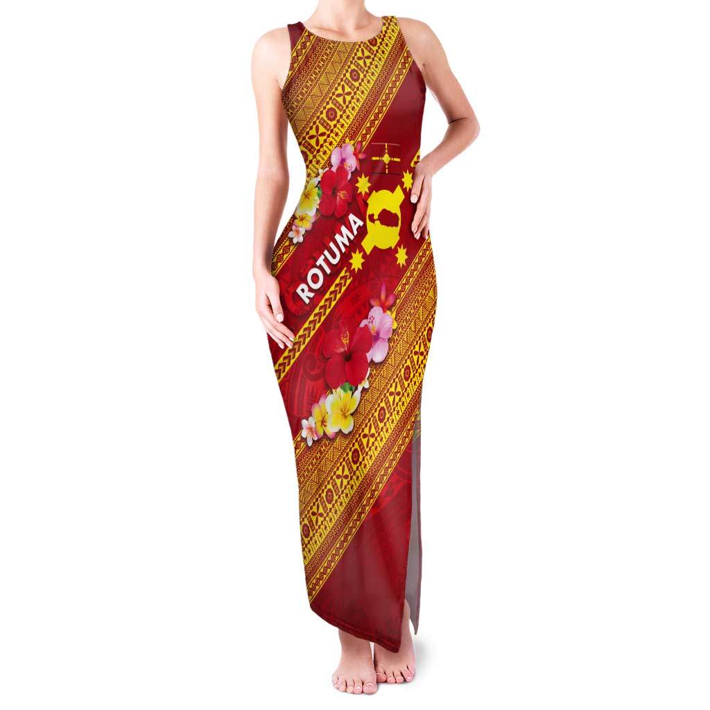 Rotuma Island Tank Maxi Dress Fijian Tapa with Polynesian Art and Hibiscus