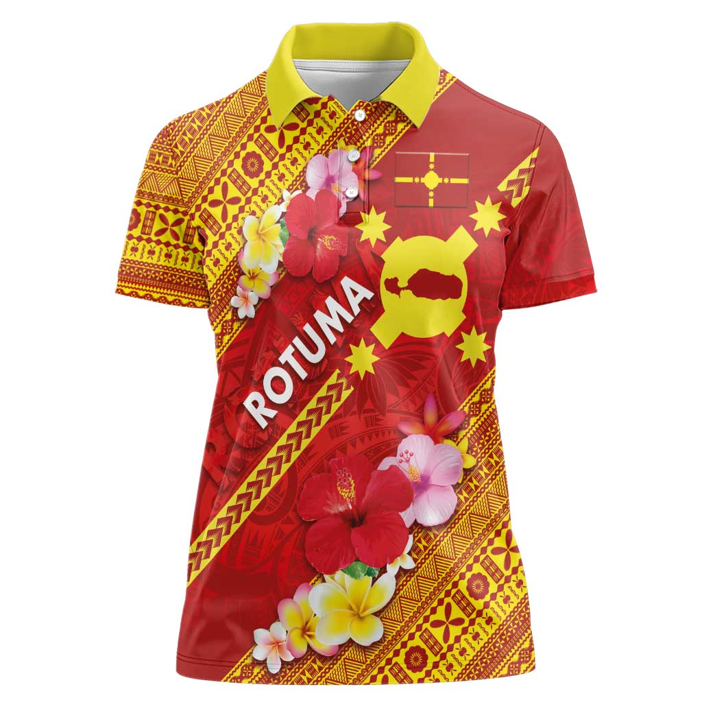 Rotuma Island Women Polo Shirt Fijian Tapa with Polynesian Art and Hibiscus
