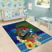 Fiji Iguana-Coat of Arms Area Rug with Hibiscus and Plumeria Palm Tree Tapa Art