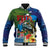 Fiji Iguana-Coat of Arms Baseball Jacket with Hibiscus and Plumeria Palm Tree Tapa Art