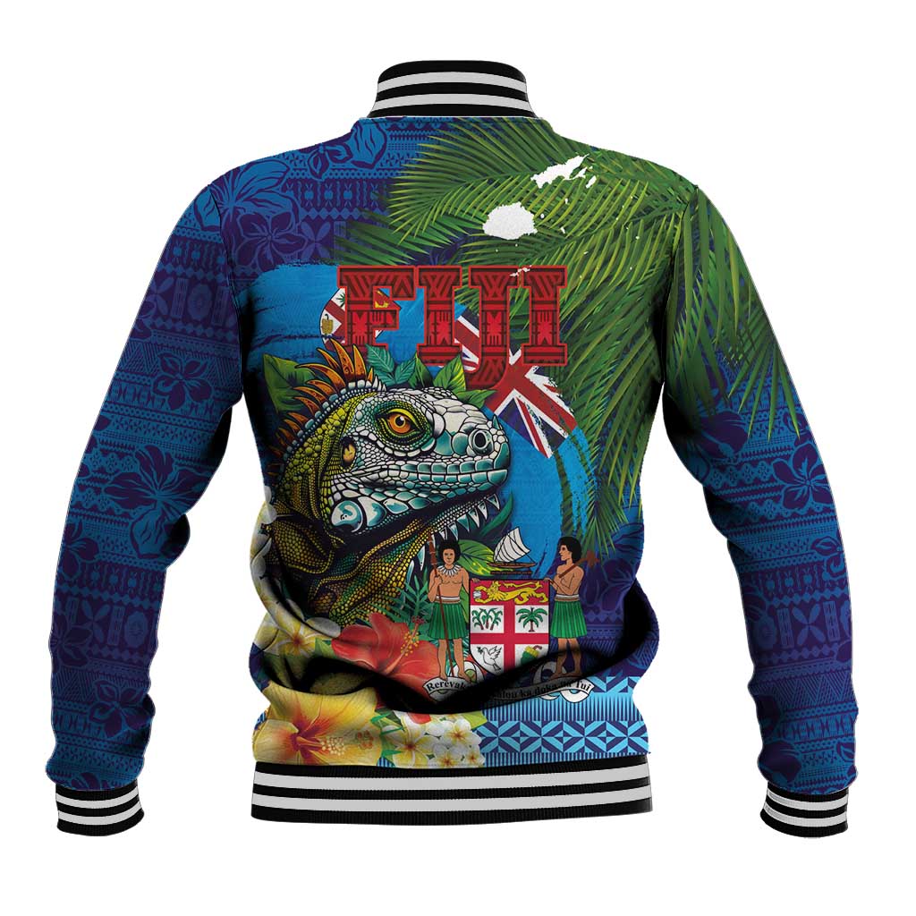 Fiji Iguana-Coat of Arms Baseball Jacket with Hibiscus and Plumeria Palm Tree Tapa Art