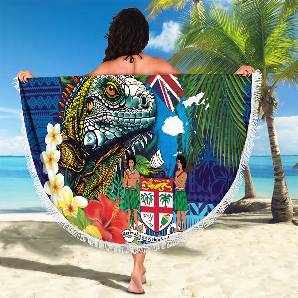 Fiji Iguana-Coat of Arms Beach Blanket with Hibiscus and Plumeria Palm Tree Tapa Art